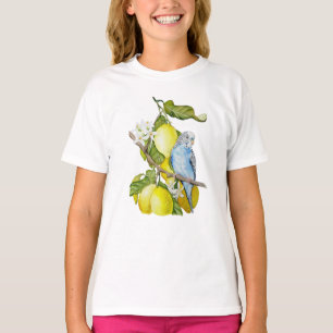Blaue Vogel unter Granatäpfeln Aquarell-Botanik T-Shirt