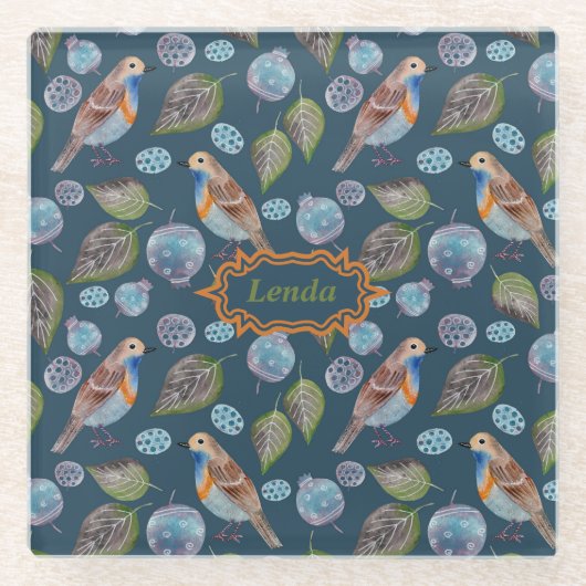 Blaue Vögel Wasserfarben Muster Glasuntersetzer (Vorderseite)