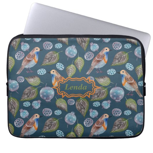 Blaue Vögel Wasserfarben Muster Laptopschutzhülle (Vorderseite)