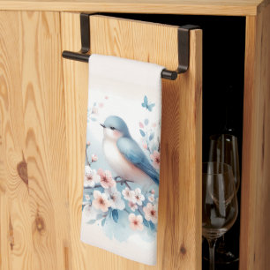 Blaue Vogelblüten-Aquarell Serenität Geschirrtuch