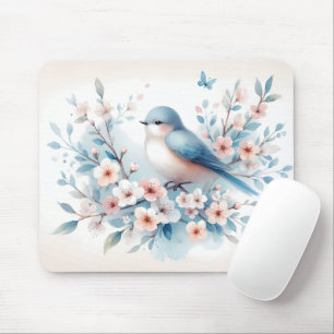 Blaue Vogelblüten-Aquarell Serenität Mousepad