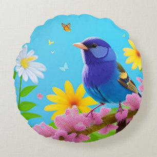 Blaue Vogelblüten-Kunstgeschenk für Naturliebhaber Rundes Kissen