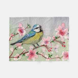 Blaue Vogelbrille auf Kirschblossom Wasserfarbe Fleecedecke