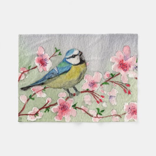 Blaue Vogelbrille auf Kirschblossom Wasserfarbe Fleecedecke (Vorderseite (Horizontal))