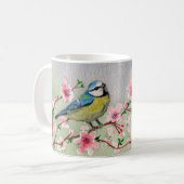 Blaue Vogelbrille auf Kirschblossom Wasserfarbe Kaffeetasse (Vorderseite Links)