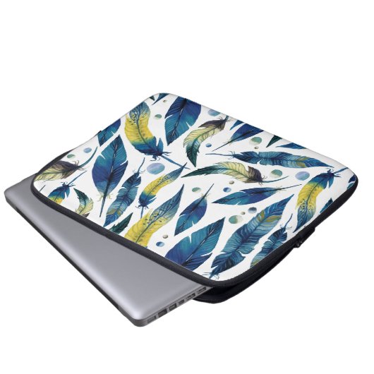 Blaue Vogelfedern Muster Laptopschutzhülle (Vorne Knopf)