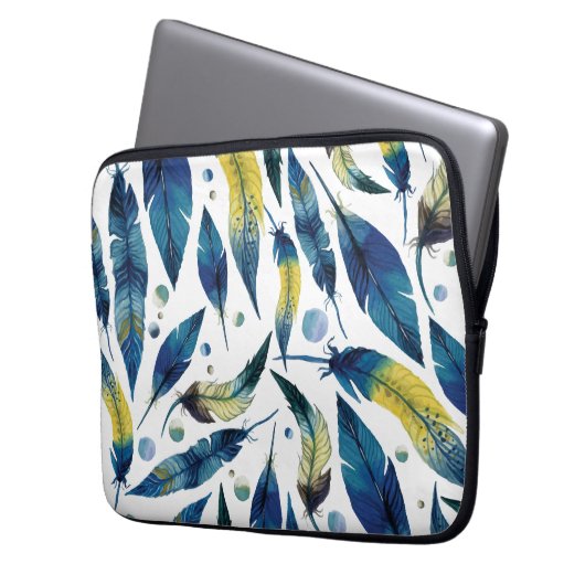 Blaue Vogelfedern Muster Laptopschutzhülle (Vorderseite Links)