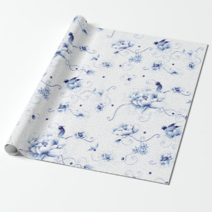 Blaue Vogelrose Chinoiserie-Blumen Geschenkpapier