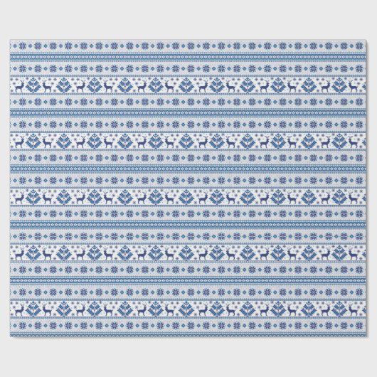 Blaue Volksmotive Ethno-Ornamente Hirsche Weihnach Geschenkpapier (Flach)