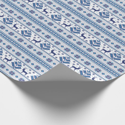 Blaue Volksmotive Ethno-Ornamente Hirsche Weihnach Geschenkpapier (Ecke)