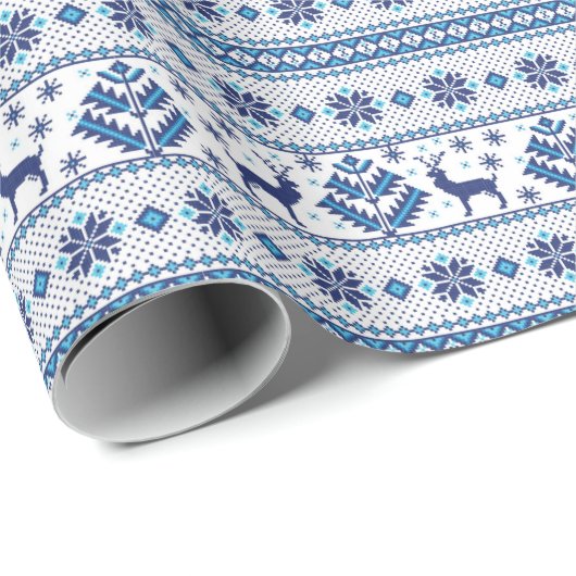 Blaue Volksmotive Ethno-Ornamente Hirsche Weihnach Geschenkpapier (Rolleneckpunkt)