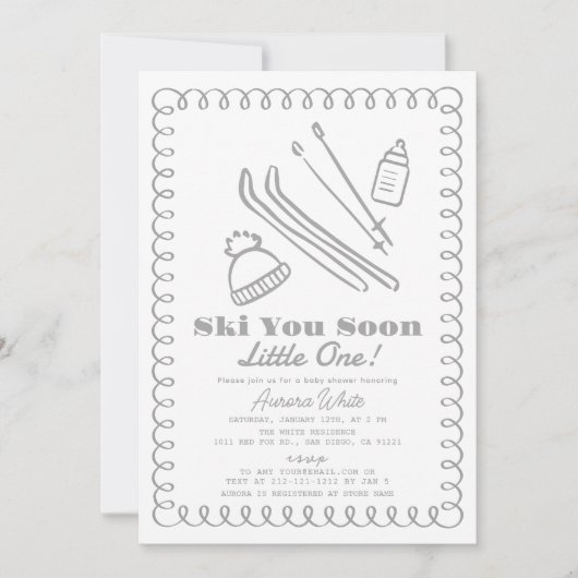 Blaue, von Hand Gezeichnet Ski Gray Baby Dusche Einladung (Vorderseite)