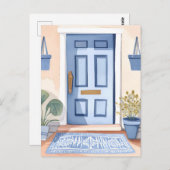 Blaue Vordertür | Aquarellmalerei im neuen Haus Postkarte (Vorne/Hinten)