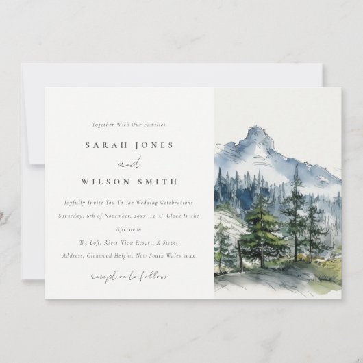 Blaue Wälder Landschaft Sketch Hochzeit Einladung (Vorderseite)