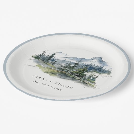 Blaue Wälder Landschaft Sketch Hochzeit Pappteller (Schrägansicht)