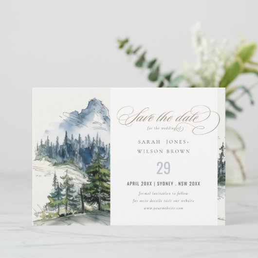 Blaue Wälder Landschaft Sketch Hochzeit Save The Date (Stehend Vorderseite)