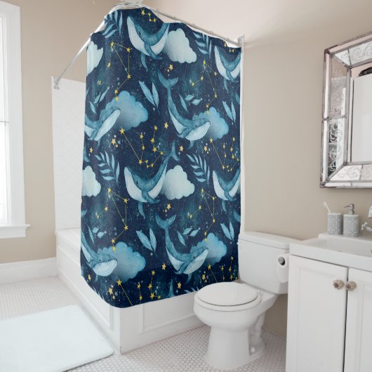 Blaue Wale mit Wasserfarbe Ozeangefühlt Duschvorhang (Beispiel)