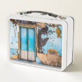 Blaue Wand und Tür Metall Brotdose (Rückseite)