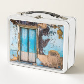 Blaue Wand und Tür Metall Brotdose (Vorderseite)