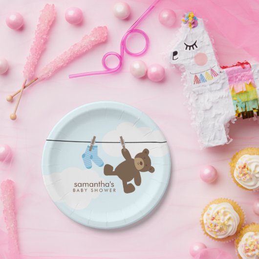 Blaue Wäscheleine-Jungen-Babyparty Pappteller (Party)
