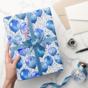 Blaue Wasserfarbballons und Konfetti-Jungen-Geburt Geschenkpapier