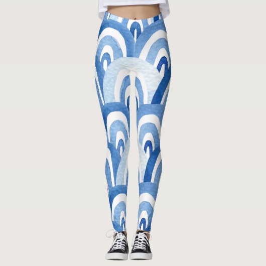 Blaue Wasserfarbe: Abstrakte Meereswellen Leggings (Vorderseite)