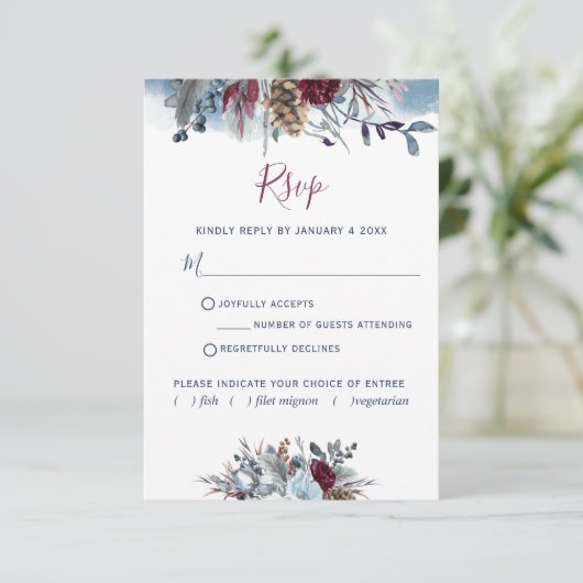 Blaue Wasserfarbe, Blau, Burgund Lila UAWG mit Blu RSVP Karte (Stehend Vorderseite)