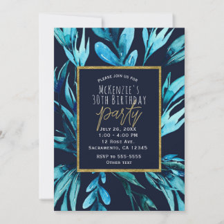 Blaue Wasserfarbe Botanische Glam Geburtstagsparty Einladung