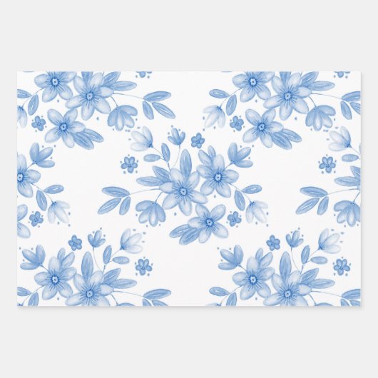 Blaue Wasserfarbe Bouquet Muster Geschenkpapier Set (Vorderseite 3)