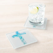 Blaue Wasserfarbe Christliche Kreuztaufe Glasuntersetzer (Schrägansicht)