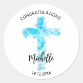 Blaue Wasserfarbe Christliche Kreuztaufe Runder Aufkleber (Vorderseite)