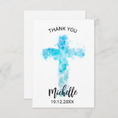 Blaue Wasserfarbe Christliches Cross Christening Dankeskarte (Vorne/Hinten)