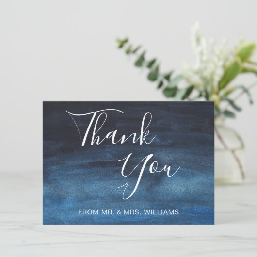 Blaue Wasserfarbe der Marine Moderne Winterhochzei Dankeskarte (Stehend Vorderseite)