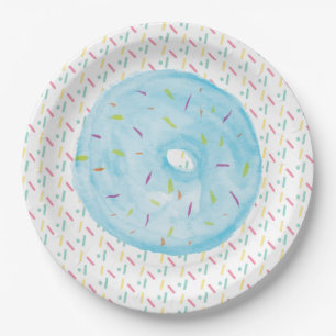 Blaue Wasserfarbe-Eis-Donut und Streusel Pappteller