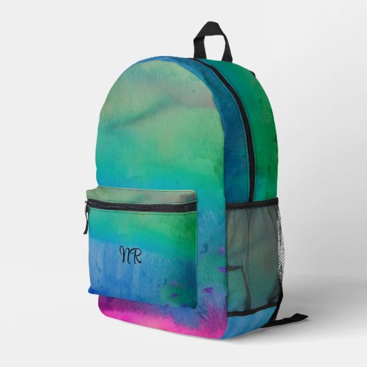 Blaue Wasserfarbe Elegante Künstlerische Monogramm Bedruckter Rucksack (Rückseitige Ecke Rechts)