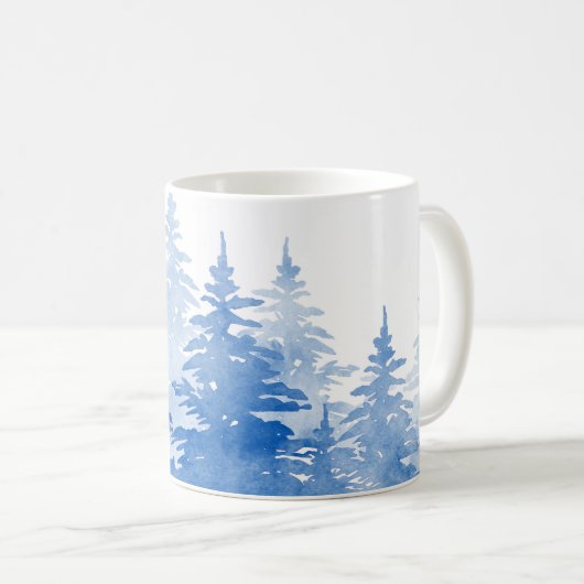 Blaue Wasserfarbe Evergreen Trees Kaffeetasse (VorderseiteRechts)