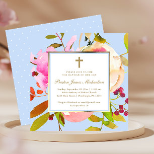 Blaue Wasserfarbe Floral mit Kreuz Taufe Einladung