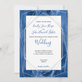 Blaue Wasserfarbe/geometrische Silberlinien Hochze Einladung (Vorderseite)