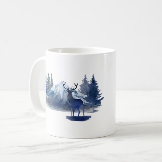Blaue Wasserfarbe Hirsche Weihnachtszene Kaffeepau Kaffeetasse (Vorderseite Links)