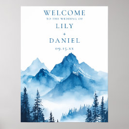 Blaue Wasserfarbe Hochzeit Begrüßungszeichen Poster
