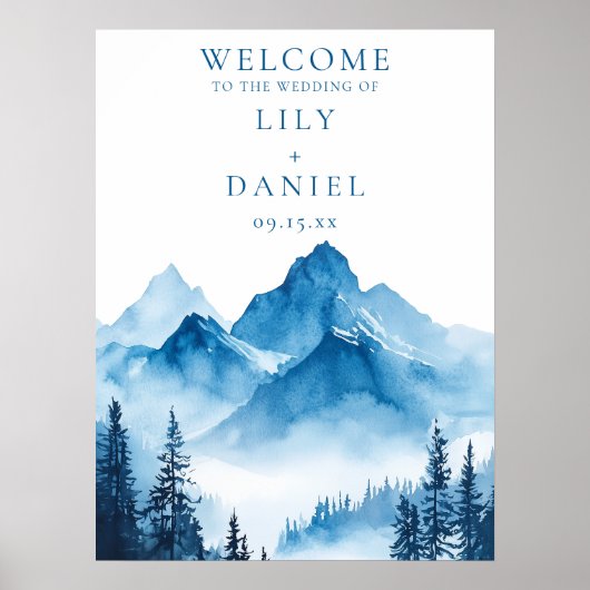 Blaue Wasserfarbe Hochzeit Begrüßungszeichen Poster (Vorne)