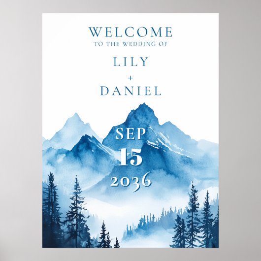 Blaue Wasserfarbe Hochzeit Begrüßungszeichen Poster (Vorne)