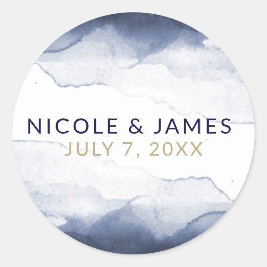 Blaue Wasserfarbe Hochzeit mit modernem Chic Runder Aufkleber (Vorderseite)