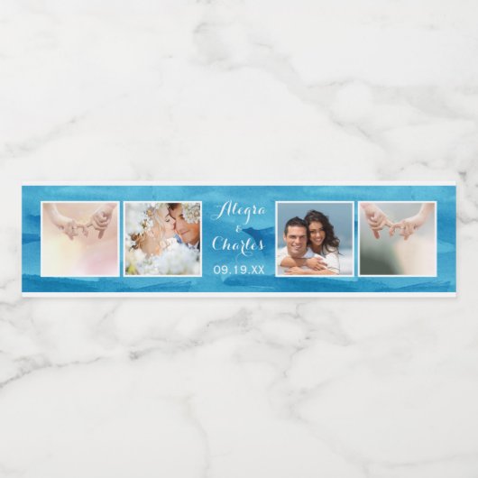 Blaue Wasserfarbe HochzeitsfotoCollage Wasserflaschenetikett (Einzelnes Label)