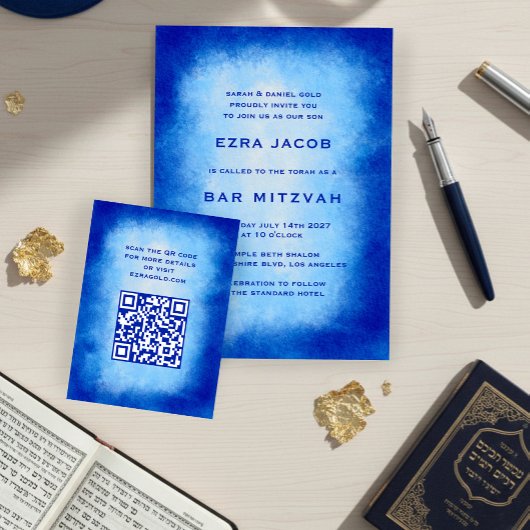 Blaue Wasserfarbe Individuelle QR-Code Bar/Bat Miz Begleitkarte