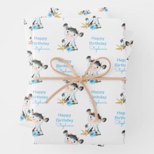 Blaue Wasserfarbe Kleine Kuh Geschenkpapier Set (Beispiel)