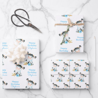Blaue Wasserfarbe Kleine Kuh Geschenkpapier Set