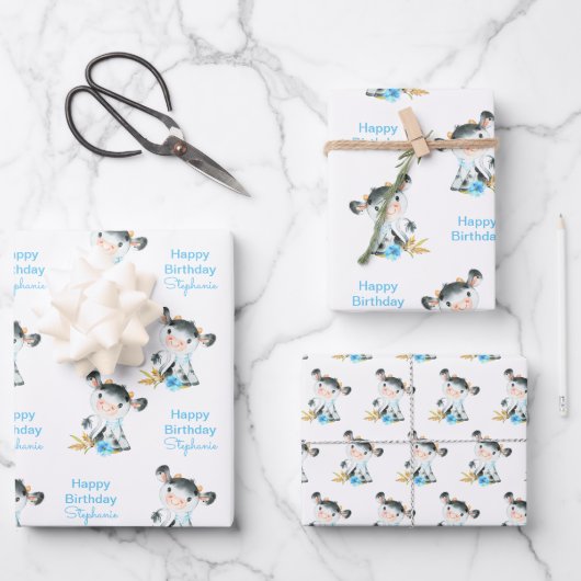 Blaue Wasserfarbe Kleine Kuh Geschenkpapier Set (Vorderseite)