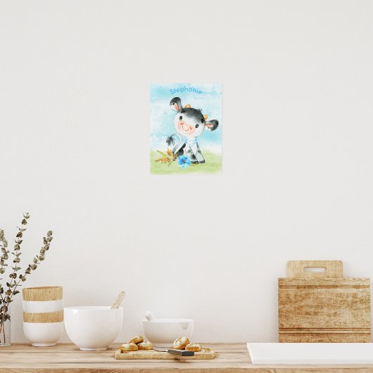 Blaue Wasserfarbe Kleine Kuh Poster (Küche)