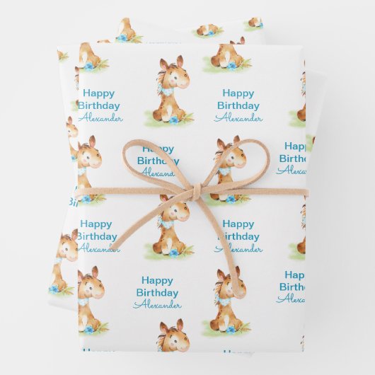 Blaue Wasserfarbe Kleines Pferd Geschenkpapier Set (Beispiel)